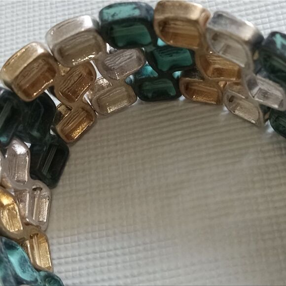 Gold & Silver Toned Patina Green Mosaic Metal Squares Stretchy Elastic Bracelet - Picture 6 of 8